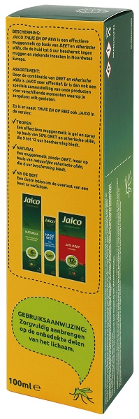 Achterkant verpakking Travelsafe Jaico 9,5% Deet spray